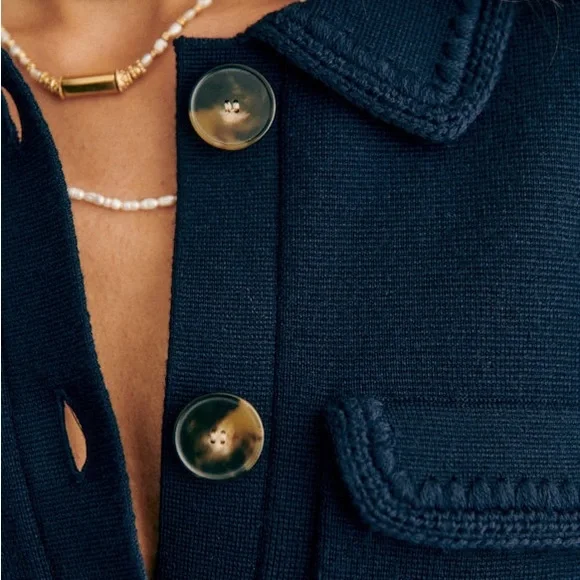 Sezane Betty Cardigan Navy Button-Front Wool Cardigan Jacket - Picture 3 of 7